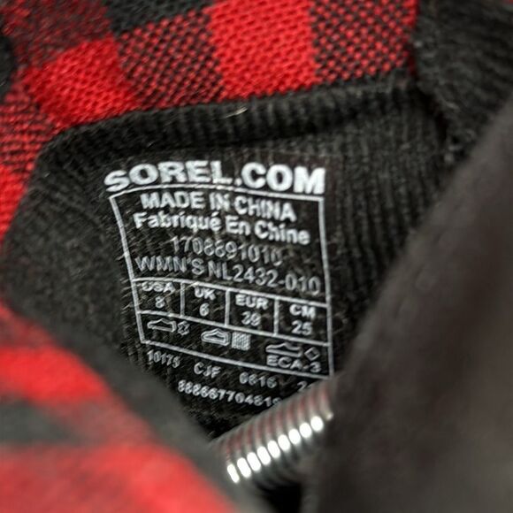 Sorel Major Moto Black Leather Women’s Sz 8 Waterproof Red Plaid Fold-Over Boots - Picture 6 of 14